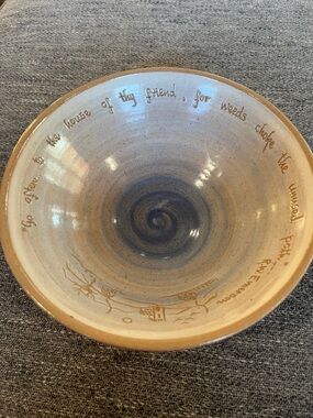 Artisan Ceramic Decorative Bowl in Blue and Tan with Script Detail (7” Diameter)